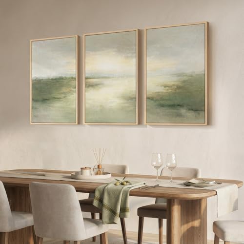 Large Framed Sage Green Abstract Landscape Wall Art for Living Room (3 Count)