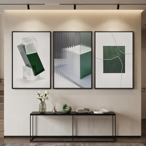 Large Framed Green White Abstract Wall Art for Living Room (3 Count)