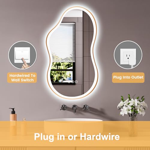 20''x36'' Irregular LED Bathroom Mirror with Lights & Gold Frame