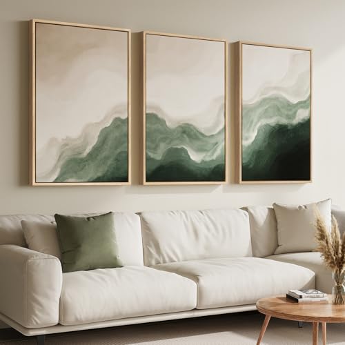 Large Framed Green and Beige Abstract Wall Art
