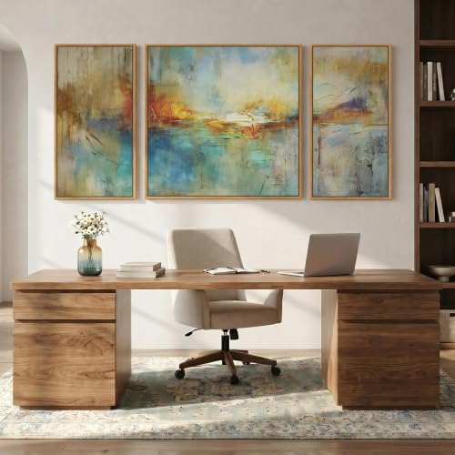 Extra Large Framed Blue Orange Abstract Wall Art for Living Room (3 Count)