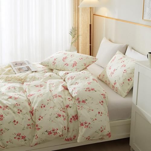 Vintage Garden Style Pink Floral Comforter Set Full Chic Boho Floral Bedding Comforter Fluffy Soft Aesthetic Flowers Botanical Comforter with 2 Pillowcases Girls Women Cottagecore Comforter Set