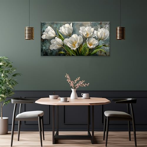 Canvas Wall Art Decor White Tulip Flower Canvas Art Wall Decor For Living Room Modern Floral Botanical Canvas Wall Art Prints Elegant Nature Flower Wall Art For Bedroom Home Office Wall Decor 20"×40"