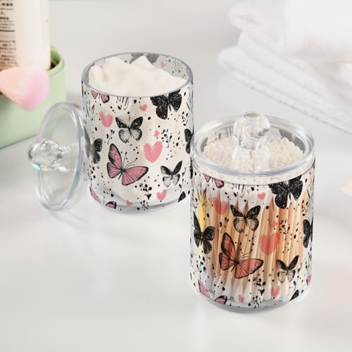 2 Pack Qtip Holder Organizer Dispenser Black Pink Butterflies Hearts Bathroom Storage Canister Cotton Ball Holder Container for Cotton Pads (2 Count)