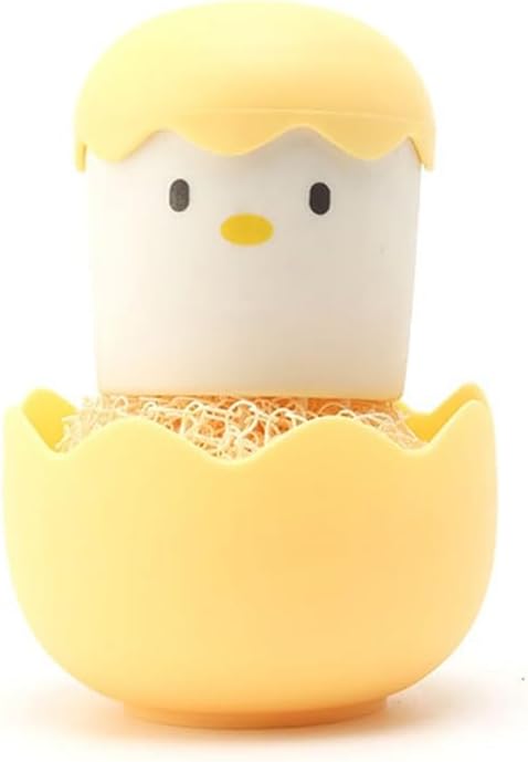 Eggshell Chicken Style Scrubber Brush with ForNano Fiber Cleaning Ball for Kitchen Cleaning of Pots, Pans, and Dishes Featuring Comfortable Handle and Compact Shape (2pcs-Yellow)