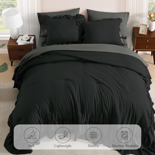 King Size Comforter Set Black Ruffle 7 Pieces Farmhouse Bed in a Bag