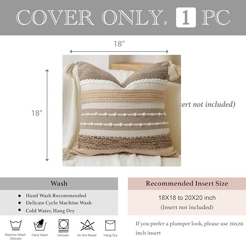 Brown Decorative Throw Pillow Cover 18x18 Square Boho Accent Pillowcase Tassels Farmhouse Cushion for Couch Sofa Bedroom Livingroom Home Décor Cover ONLY