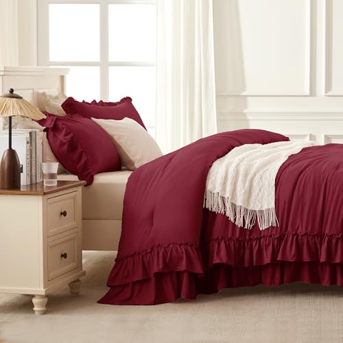 Burgundy Ruffle California King Comforter Set