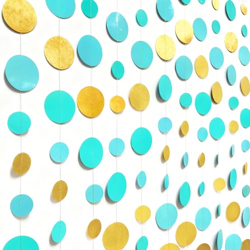 Teal Gold Party Polka Dot Garland Banner Aqua Turquoise Glitter Gold Hanging Paper Circle Dots Streamer for Birthday Wedding Shower Engagement Bridal Shower Retirement Party Decorations Supplies