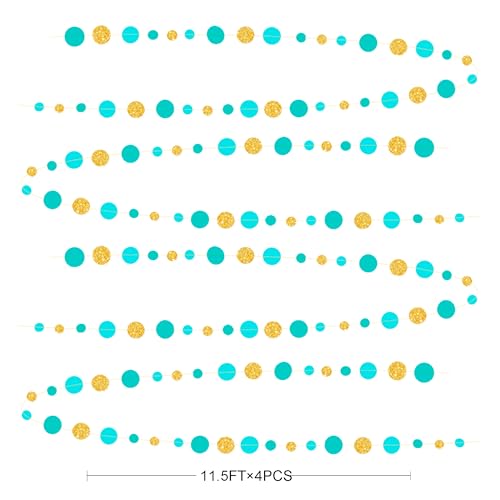 Teal Gold Party Polka Dot Garland Banner Aqua Turquoise Glitter Gold Hanging Paper Circle Dots Streamer for Birthday Wedding Shower Engagement Bridal Shower Retirement Party Decorations Supplies