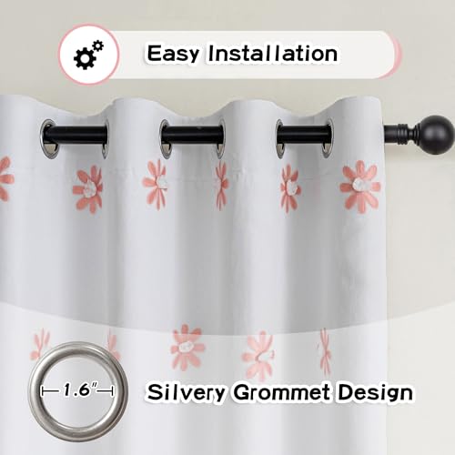 Blackout Curtains for Girls Bedroom 63 Inch Long Pink Floral Curtains for Kids Room 2 Panels 100% Room Darkening Daisy Flower Window Treatment 2 Layered Drapes Toddler Grommet 50W x 63L (2 Count)