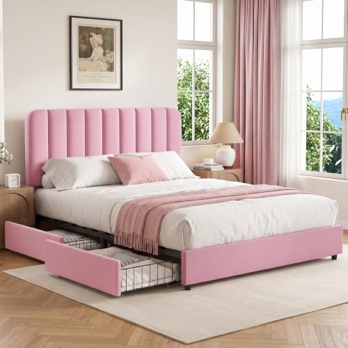 Queen Size Upholstered Bed Frame with 4 Drawers and Headboard