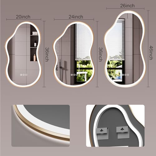 20''x36'' Irregular LED Bathroom Mirror with Lights & Gold Frame
