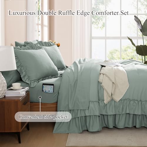 Queen Comforter Set Sage Green Ruffle 7 Pieces Farmhouse Bed in a Bag
