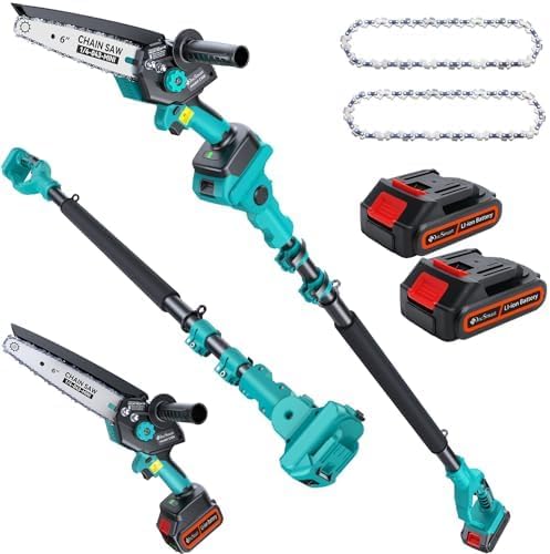 Cordless Pole Saw&Mini Chainsaw,2-IN-1 6 inch Electric Handheld Chain Saw with 2pcs 2000mAh Rechargeable Batteries,Pole Saws with Extension Pole for Tree Trimming Wood Cutting,Ideal Gifts for Men Dad