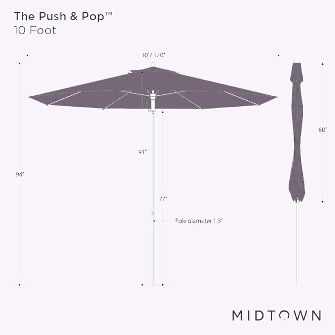 Midtown Umbrellas Push and Pop 10 Feet Outdoor Umbrella, Ivory (White) Polyester Fabric - Fiberglass Ribs Deck Patio Umbrella, Backyard Umbrella, Garden Umbrella & Pool Umbrella - Black Pole
