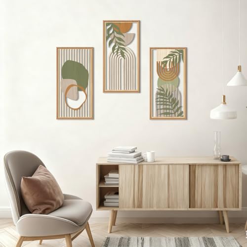 Boho Mid century Modern Wood Wall Art 8x16 Inch Framed Green Bohemian Abstract Wooden Wall Decor Set of 3 Minimalist Geometric Leaf Artwork for Living room Bedroom Office