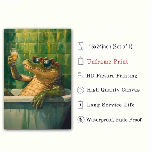 Crocodile Bathroom Canvas Funky Animal Posters Vintage Green Picture Wild Animals Painting Aesthetic Cocktail Picture Funny Bathroom Animals Prints Living Room Decor 16x24inch No Frame