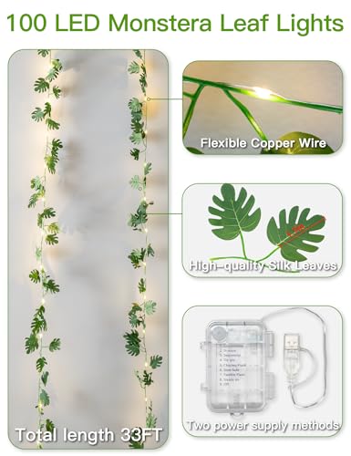 33FT Monstera Vines with Lights Battery & USB Powered Copper Wire