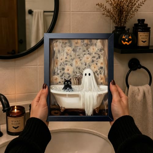 Funny Black Cat Bathroom Wall Art Framed Canvas Print