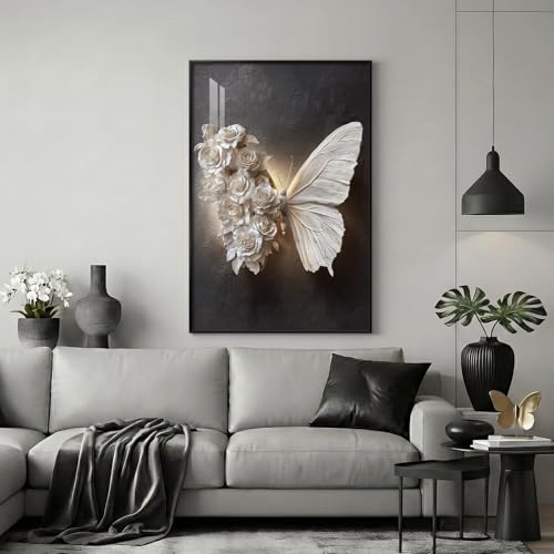 Large Framed Black and White Butterfly Floral Wall Art
