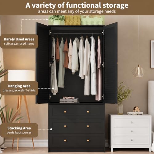 70" Wardrobe Armoire Wooden Closet with 3 Drawers