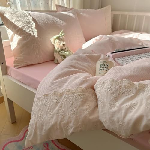 Pink Gingham Comforter Set King Fluffy Soft Microfiber Pink Grid Bedding Comforter Romantic Lace Style Farmhouse Gingham Bedding Set Vintage Plaid Checkered Comforter Set for All Seasons