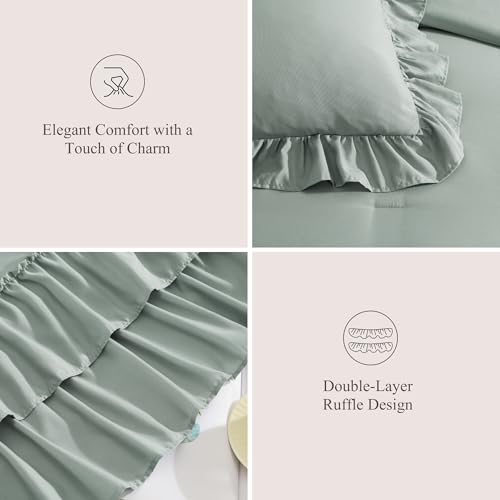 King Size Comforter Set Sage Green Ruffle 7 Pieces Farmhouse Bed in a Bag