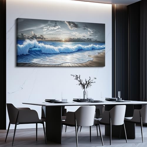 Large Canvas Printed Artworks Mural Wall Decor For Living Room Wall Art For Bedroom Office Decor Black White And Blue Ocean Wave Landscape Painting Modern Home Decor Ready To Hang 30"X60"