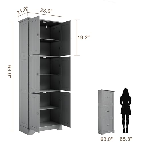 63.2" Tall Bathroom Storage Cabinet with 6 Doors