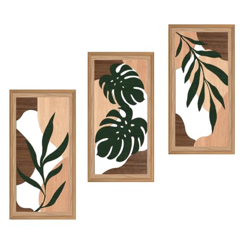 Boho Wood Tropical Framed Wall Art 12X24 Inch Large Mid Century Palm Leaves Wooden Wall Decor Minimalist Botanical Artwork for Living room Bedroom Set of 3