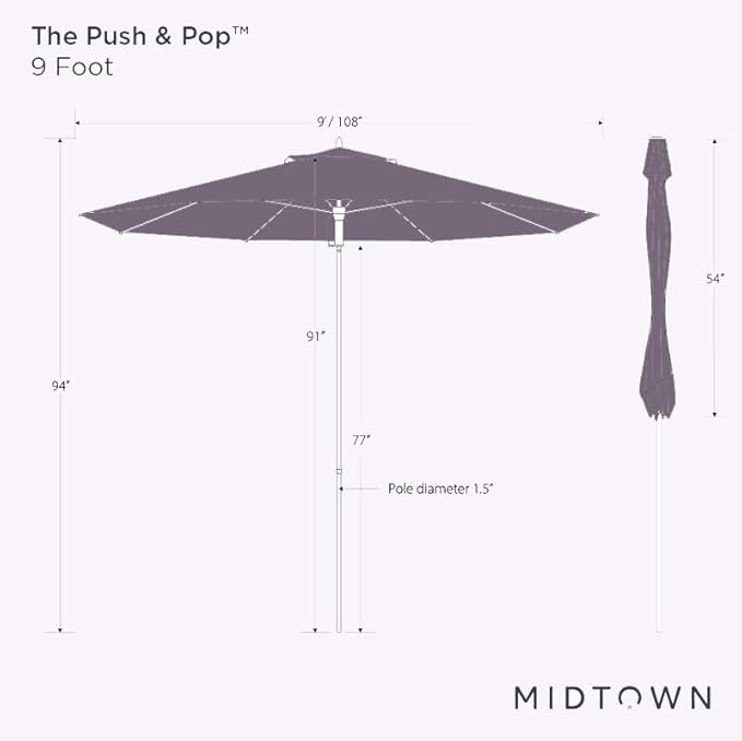 Midtown Umbrellas Push Pop Sunbrella Umbrella 9 Feet Outdoor Umbrella in Dark Blue Acrylic - Patio Umbrella, Backyard Umbrella, Garden Umbrella, Picnic Table Umbrella & Pool Umbrella - Black Pole
