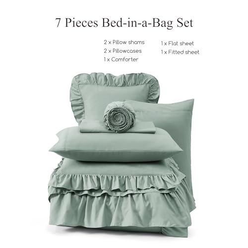 Full Size Comforter Set Sage Green Ruffle 7 Pieces Farmhouse Bed in a Bag