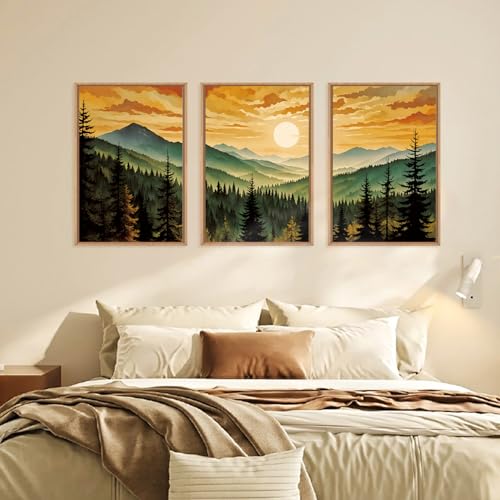 Large Boho Sunset Mountain Framed Canvas Wall Art (3 Count)