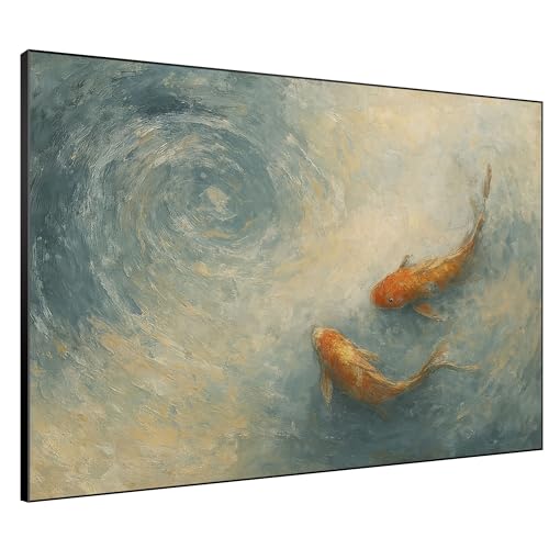 46"x60" Extra Large Framed Wall Art Koi Fish Swirl Tranquil Water Illustration for Home Living Room Bedroom Decor
