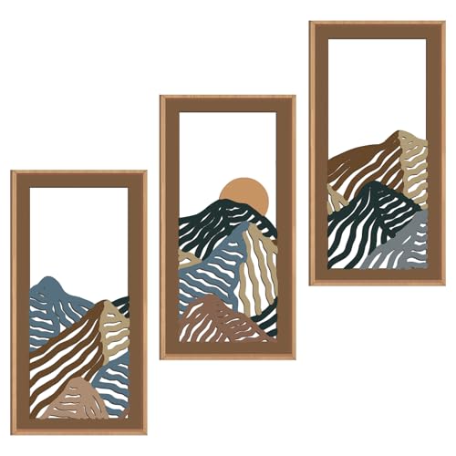 Abstract Mountain Wood Framed Wall Art 8x16 Inch Set of 3 Textured Minimalist Landscape Wooden Wall Decor Modern Colorful Line Artwork for Living room Bedroom Office