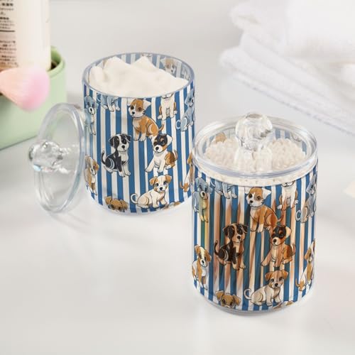 2 Pack Qtip Holder Organizer Dispenser Cute Puppies Blue White Stripes Bathroom Storage Canister Cotton Ball Holder Container for Cotton Pads (2 Count)