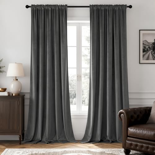 Grey Blackout Velvet Curtains Drapes 90 Inch Long 52"x90" Bedroom (2 Count)