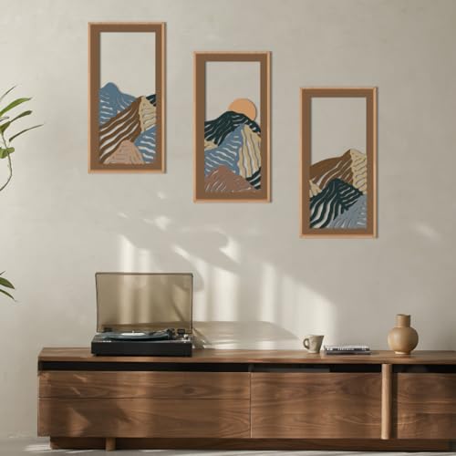 Abstract Mountain Wood Framed Wall Art 8x16 Inch Set of 3 Textured Minimalist Landscape Wooden Wall Decor Modern Colorful Line Artwork for Living room Bedroom Office
