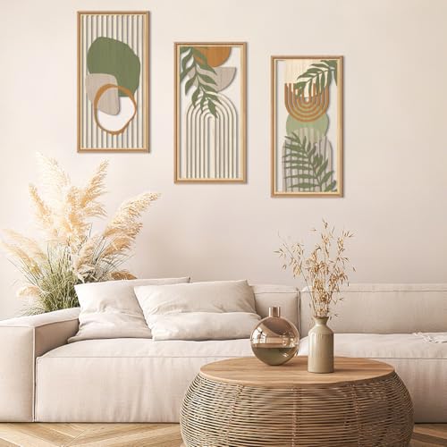 Boho Mid century Modern Wood Wall Art 8x16 Inch Framed Green Bohemian Abstract Wooden Wall Decor Set of 3 Minimalist Geometric Leaf Artwork for Living room Bedroom Office