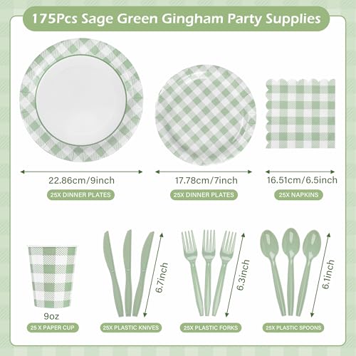 175 Pcs Sage Green Gingham Paper Plates and Napkins Cups (175 Count)