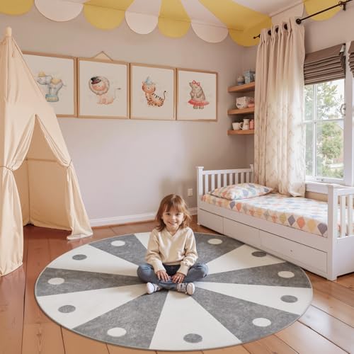 5ft Round Rug Washable Cute Playroom Cheerful Circle Rug Grey (19.63 Sq Ft)