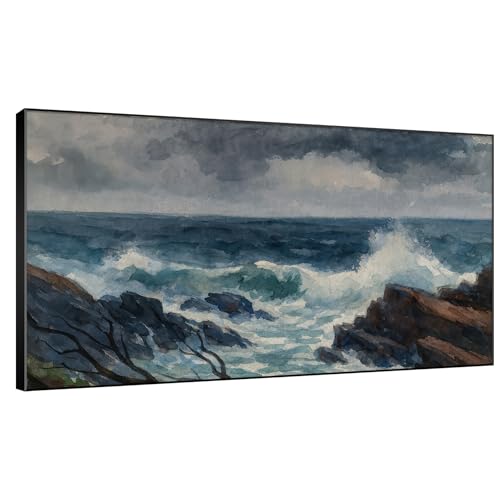 30"x60" Extra Large Framed Wall Art Rocky Seashore with Crashing Waves and Moody Sky for Home Living Room Bedroom Decor