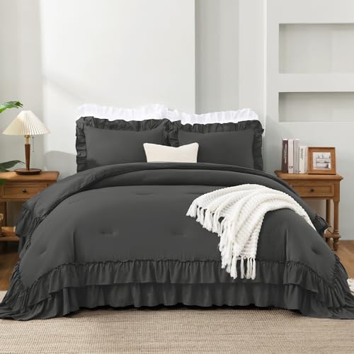 Dark Grey Ruffle Super King Comforter Set