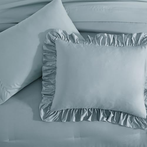 King Size Comforter Set Dusty Blue Ruffle 7 Pieces Farmhouse Bed in a Bag