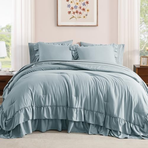 King Size Comforter Set Dusty Blue Ruffle 7 Pieces Farmhouse Bed in a Bag