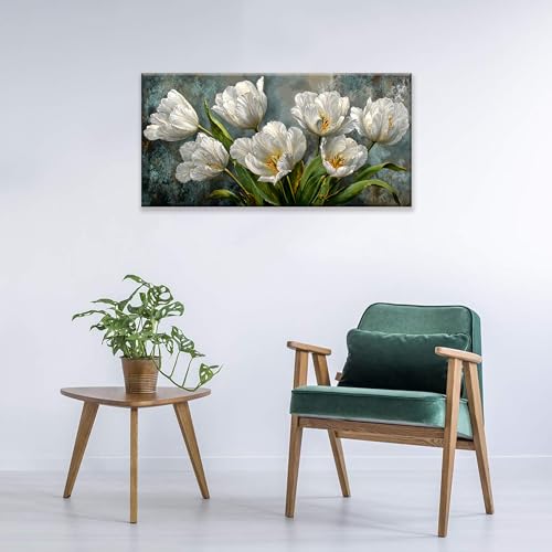 Canvas Wall Art Decor White Tulip Flower Canvas Art Wall Decor For Living Room Modern Floral Botanical Canvas Wall Art Prints Elegant Nature Flower Wall Art For Bedroom Home Office Wall Decor 20"×40"