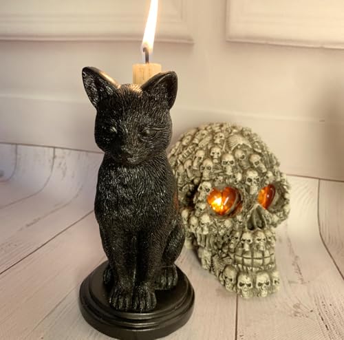 Gothic Black Cat Candle Holder Statue
