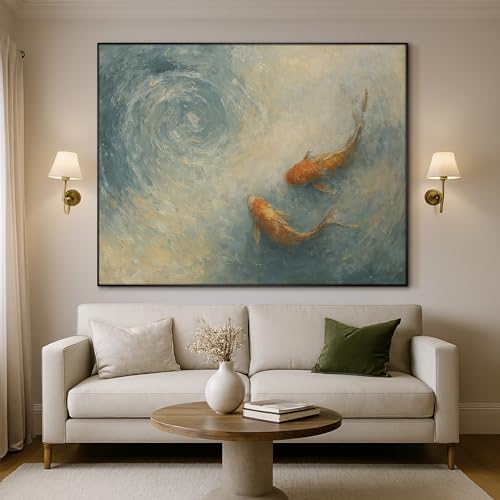 46"x60" Extra Large Framed Wall Art Koi Fish Swirl Tranquil Water Illustration for Home Living Room Bedroom Decor