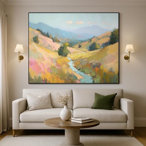 60"x72" Extra Large Framed Wall Art Golden Valley Light Landscape Illustration for Home Living Room Bedroom Decor